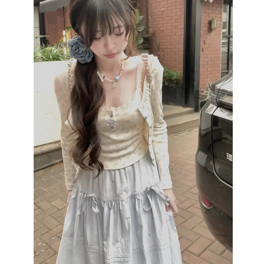 اليابانية Kawaii 3 قطعة تنورة مجموعات النساء لوليتا لطيف المحاصيل بلوزة + ميدي التنانير الكورية موضة الدعاوى شيك 2000s خمر شيك