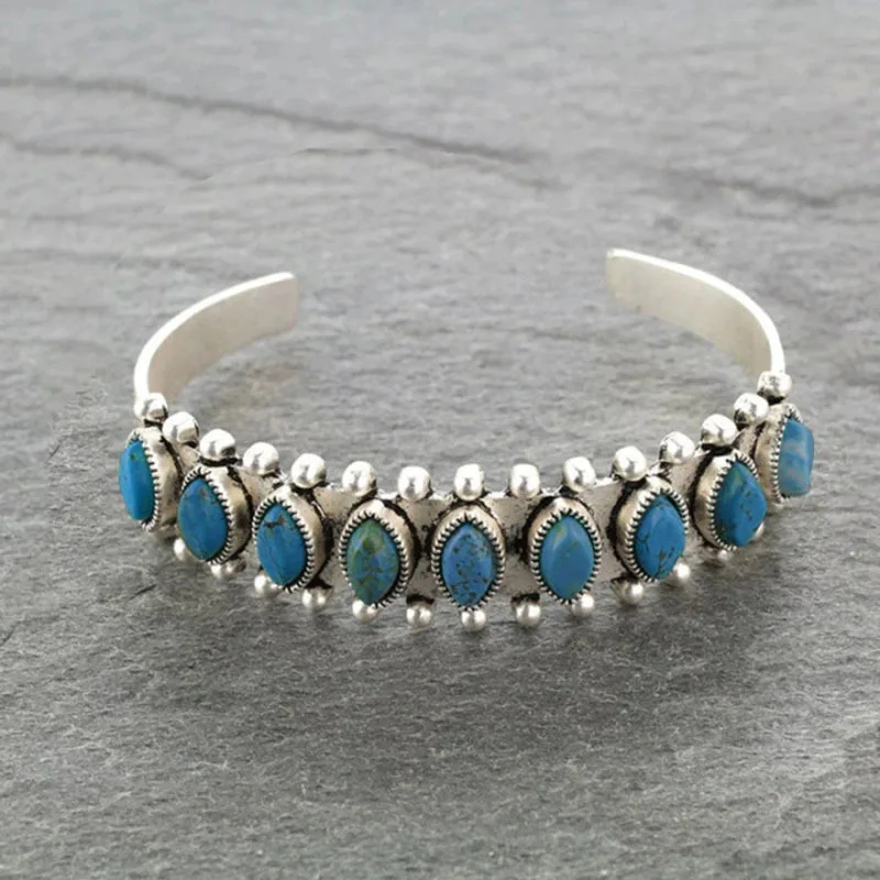 1Pcs Boho Retro Natural Turquoise Open Bracelets For Women Charm Jewelry