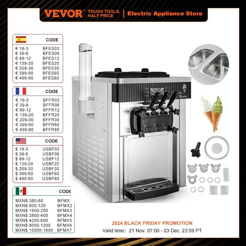 VEVOR 18-28L/H Soft Ice Cream Machines Commercial Sorbet Coolers Tricolor Desktop Sweet Cone Freezing Equipment Vending Machine