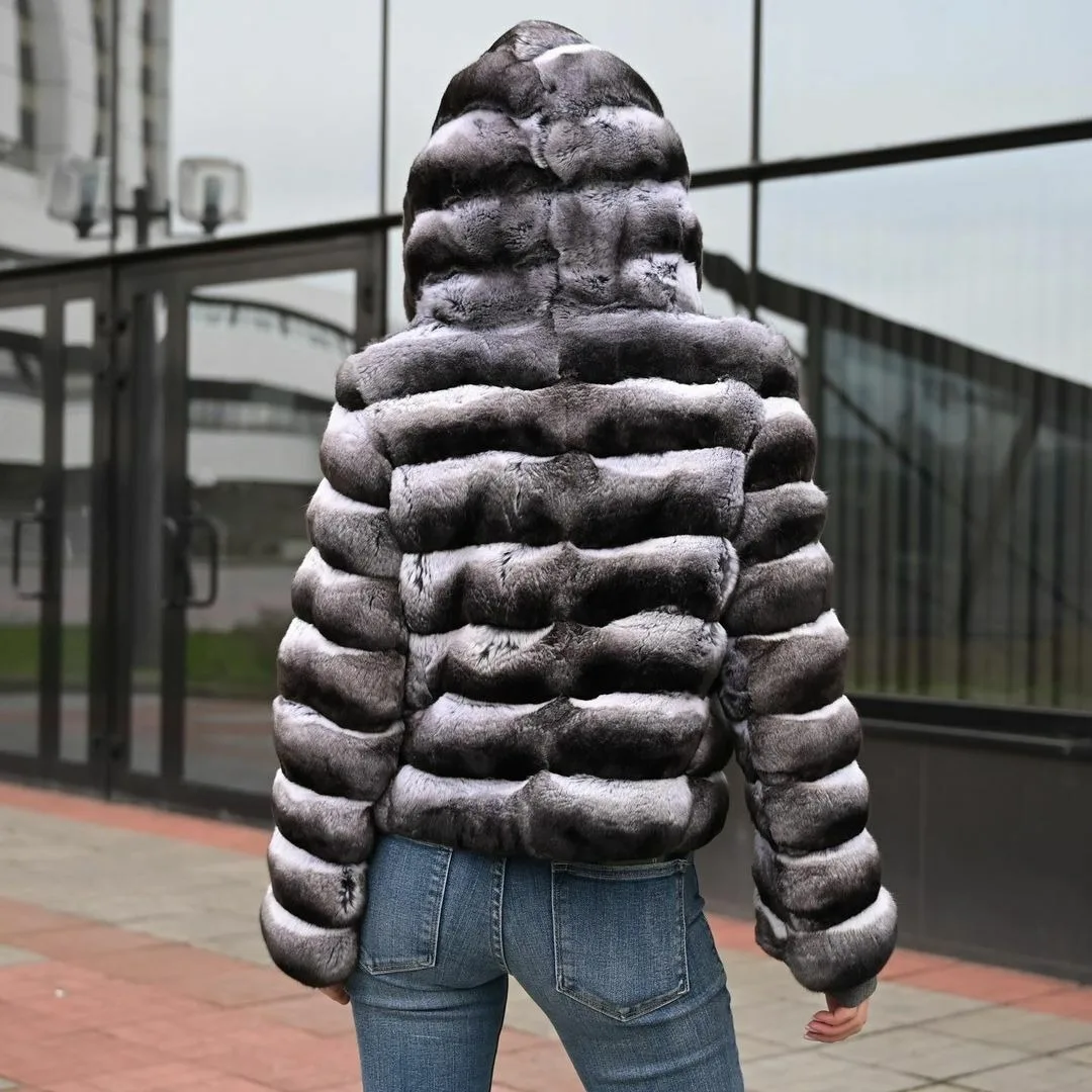 New Women Real Rex Rabbit Fur Short Coat Hooded Winter Chinchilla Color Jackets warmth fluffy authentic genuine fur coats 2024