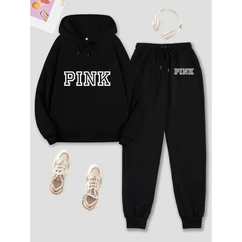 Letter Print Two-piece Set, Solid Drawstring Hoodies & Casual Tie Waist Jogger Pants, Women's Clothing