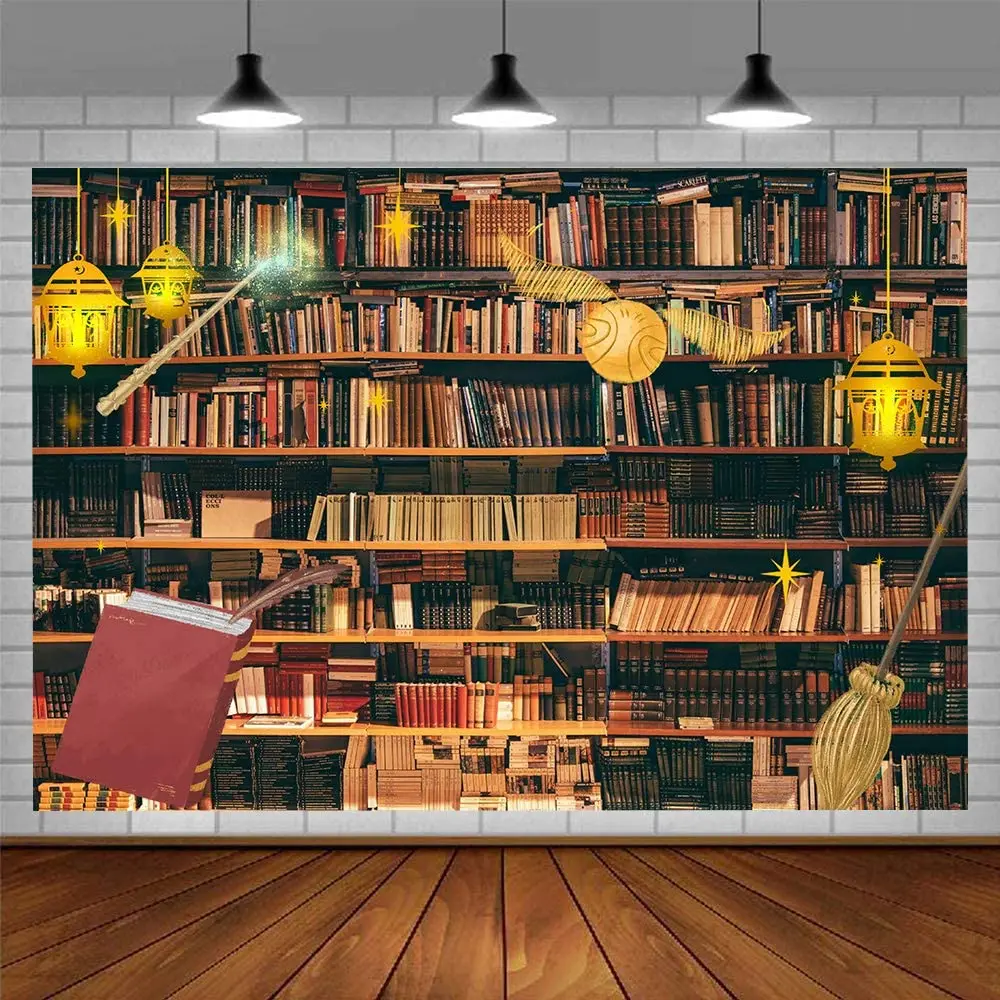 Wizard Magic Bookshelf Backdrop Books Library Reading Room Photography Background Lantern Glitter Twinkle Birthday Party