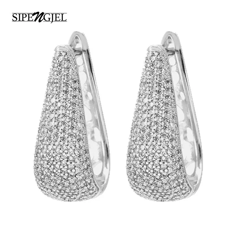 SIPENGJEL Bling Cubic Zirconia Dangle Earring for Women Luxury Silver Color  Large Big Geometric Earrings Wedding Jewelry