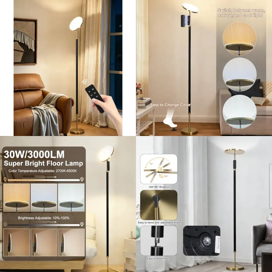 

Wood Floor Lamp 30W 3000Lm Super Bright LED Wooden Floor Lamp, Remote Control 69" Tall Standing Lamp Stepless Dimming and Color