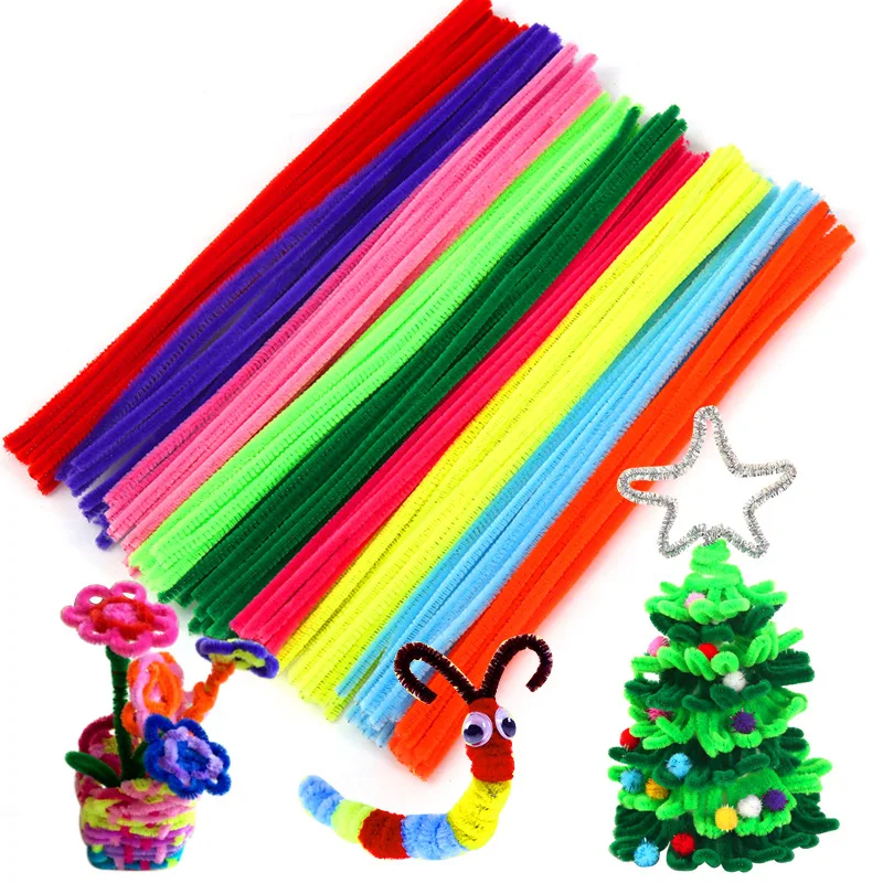 100pcs Colorful Chenille Stems Pipe Cleaners Plush Tinsel Stem Wired Twist Sticks Hair Strip DIY Craft Educational Toys Handmade