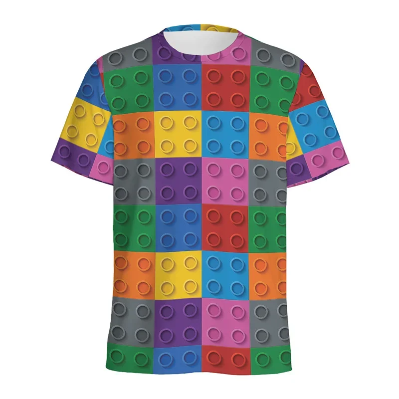 Men's Retro Fun 3D Building Block Print T-Shirt – Puzzle/Video Game Graphic, Streetwear, Y2K Style Short-Sleeve Top