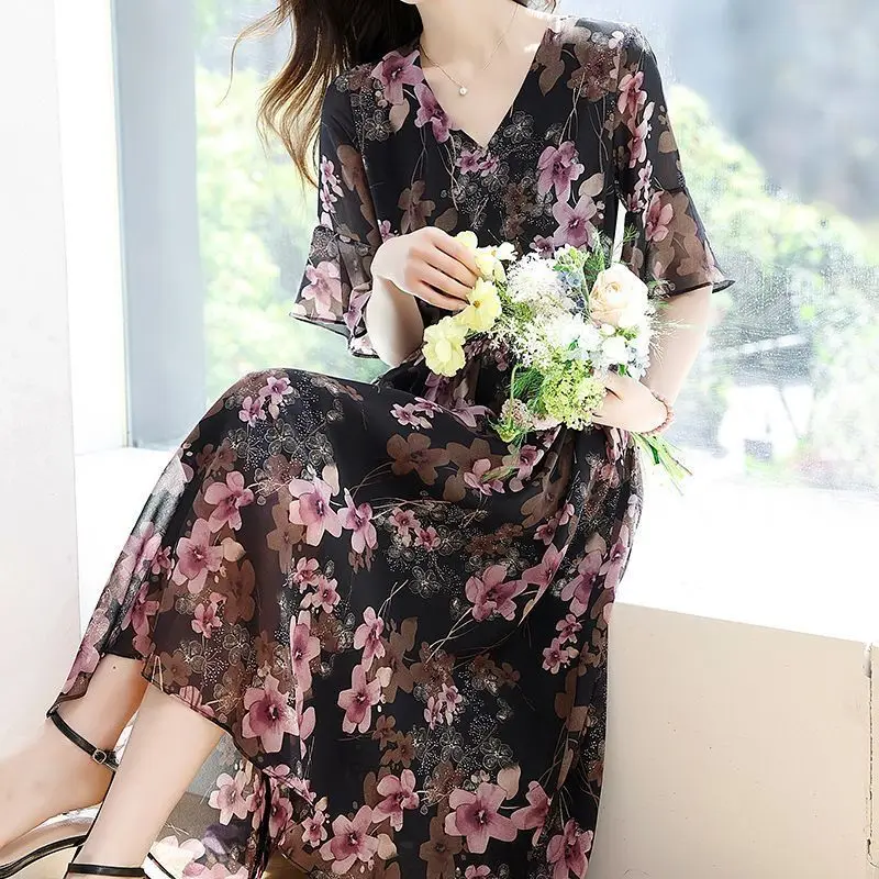 السيدات الخامس الرقبة الأزهار الشيفون فساتين قصيرة الأكمام الصيف مزاجه مشد ميدي اللباس الكورية الطباعة جيب فستان زهري المرأة #2