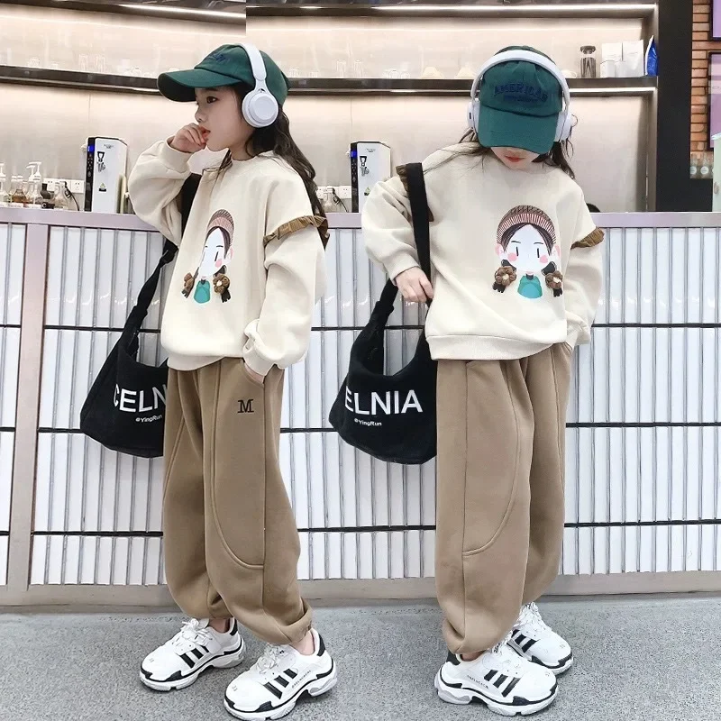 Korean Spring Autumn Junior Girl 2pcs Outfit Teenager Girl Cartoon Pullover Sweatshirts+Cotton Pencil Pants Kids Sports Suit