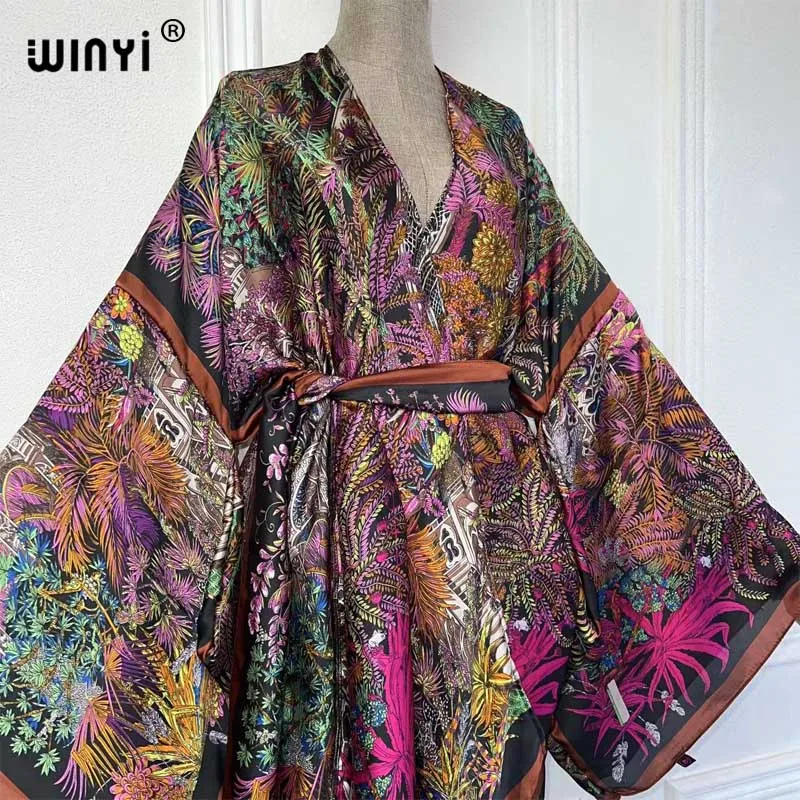 WINYI Kimono Africa summer print dress Summer beach wear women Cardigan Holiday long Sleeve silk feeling beach outfits for women