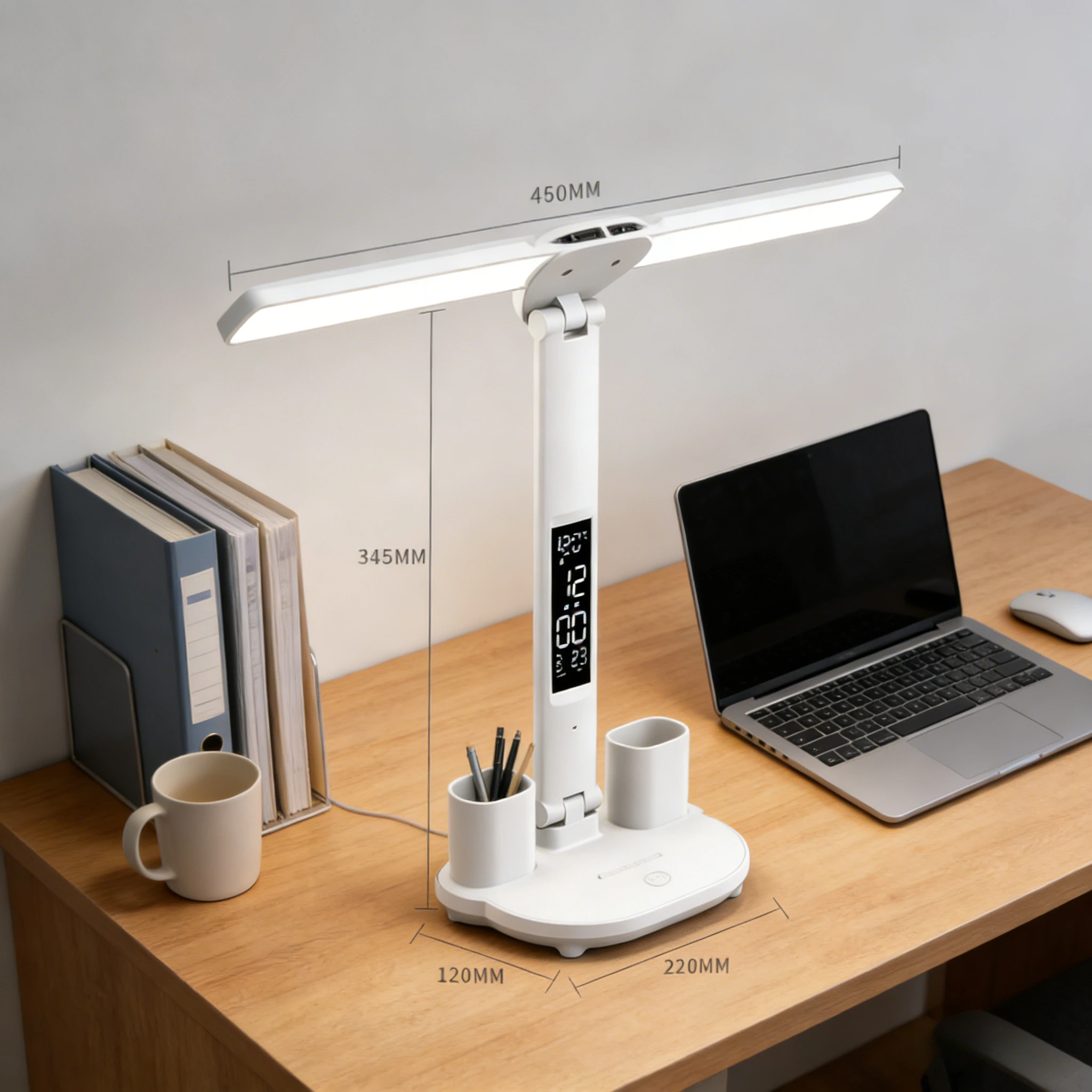 LED Table Lamp Double-Headed USB Chargeable Dimmable Desk Lamp with Calendar Clock Foldable Eye Protection Reading Night Light