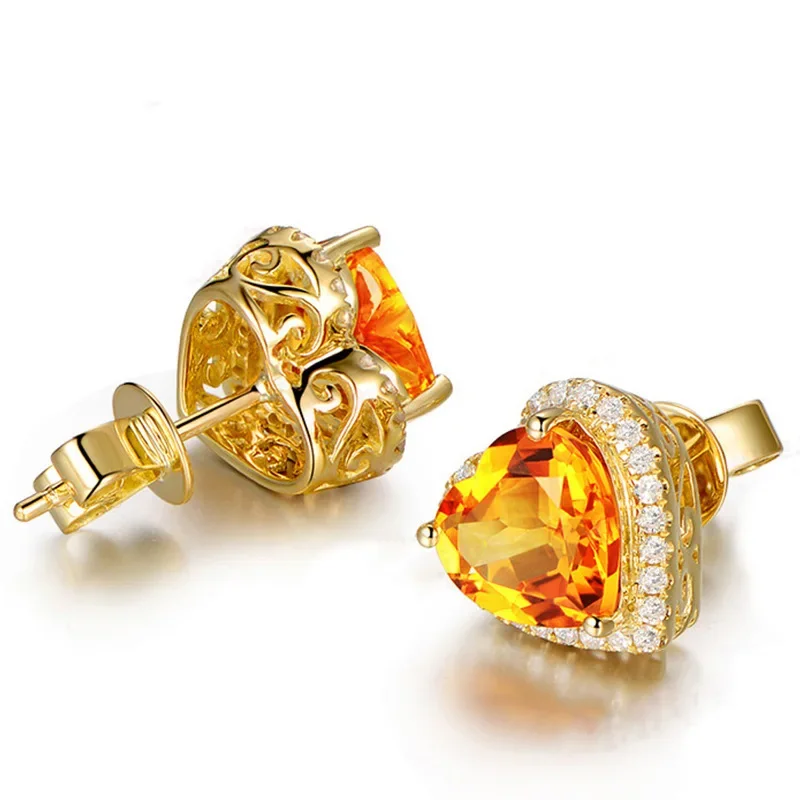 18K Gold Stud Earrings for Female Heart Citrine Zircon Gemstones Earrings Wedding Party Wholesale Trendy Silver Jewelry