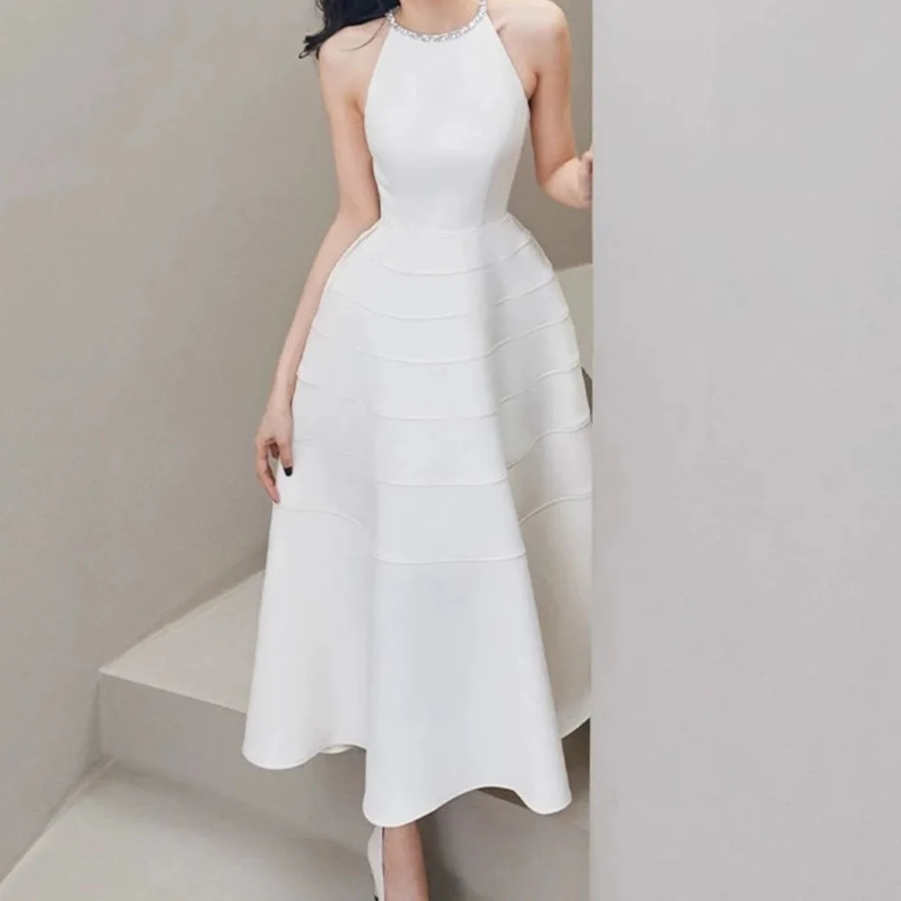 فستان سهرة طويل بدون أكمام من الحرير الكريستالي والساتان طويل ماكسي مطرز لحفلات الزفاف بدون ظهر بدون أكمام بخط واحد-GZXX1320 #1