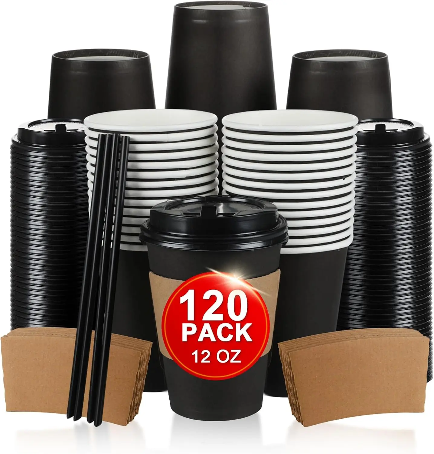 

120 Pack 12 oz Paper Coffee Cups Set, Disposable Black Coffee Cups with Lids, Sleeves and Stirring Sticks, Fit For Cold