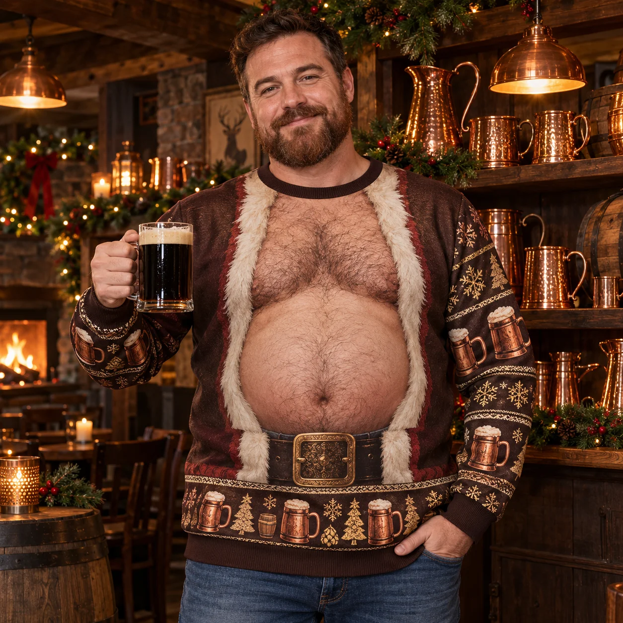 Dunkler Bier-Weihnachtsmann-Bauch, hässlicher Weihnachtspullover für Herren, 3D-Druck, Polyester, Rundhals-Sweatshirt, lustiger Weihnachtspullover für Partys – Detail 6