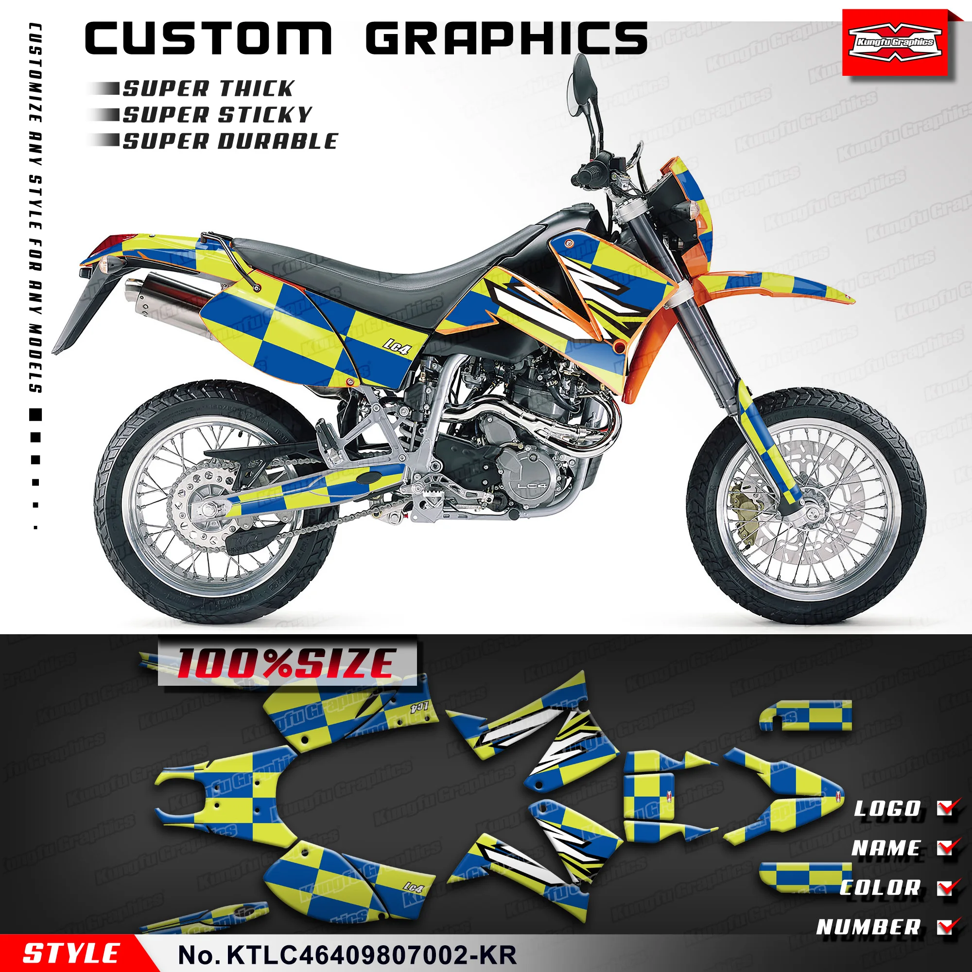 KUNGFU GRAPHICS Motorbike Decal Full Wraps for KTM LC4 640 1998 1999 2000 2001 2002 2003 2004 2005 2006 2007, KTLC46409807002-KR