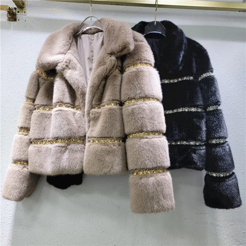 WTHT delle Nuove Donne di Modo A Righe Diamanti Cappotto di Pelliccia Finta 2024 di Inverno Alla Moda Risvolto Maniche Lunghe Giacca Calda Femminile 1LS503