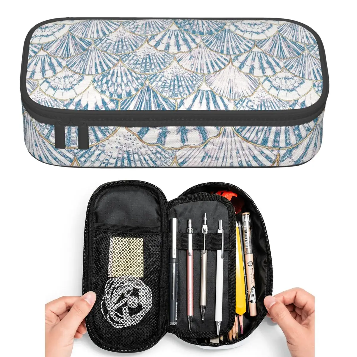 Beach Blue Shells Pattern Pencil Cases for Student Pen Box Pencil Bag Large Storage Pencil Pouch Pen Holder