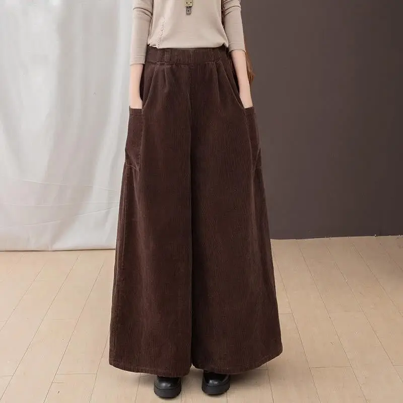 

Women's Autumn and Winter Wide Leg Pants with Added Velvet Corduroy High Waisted Loose Coffee Paired with Martin Boots Pants
