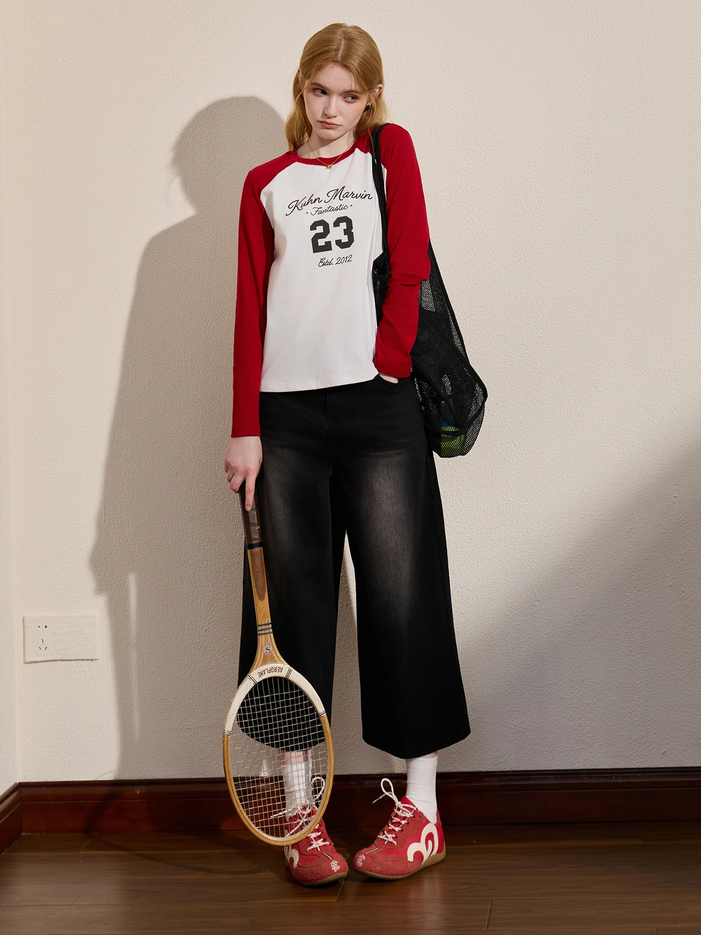 Campus Color Block Long Sleeve T-Shirt Casual Loose round Neck Printed Top for Students And Young Women Street Style Autumn Wear