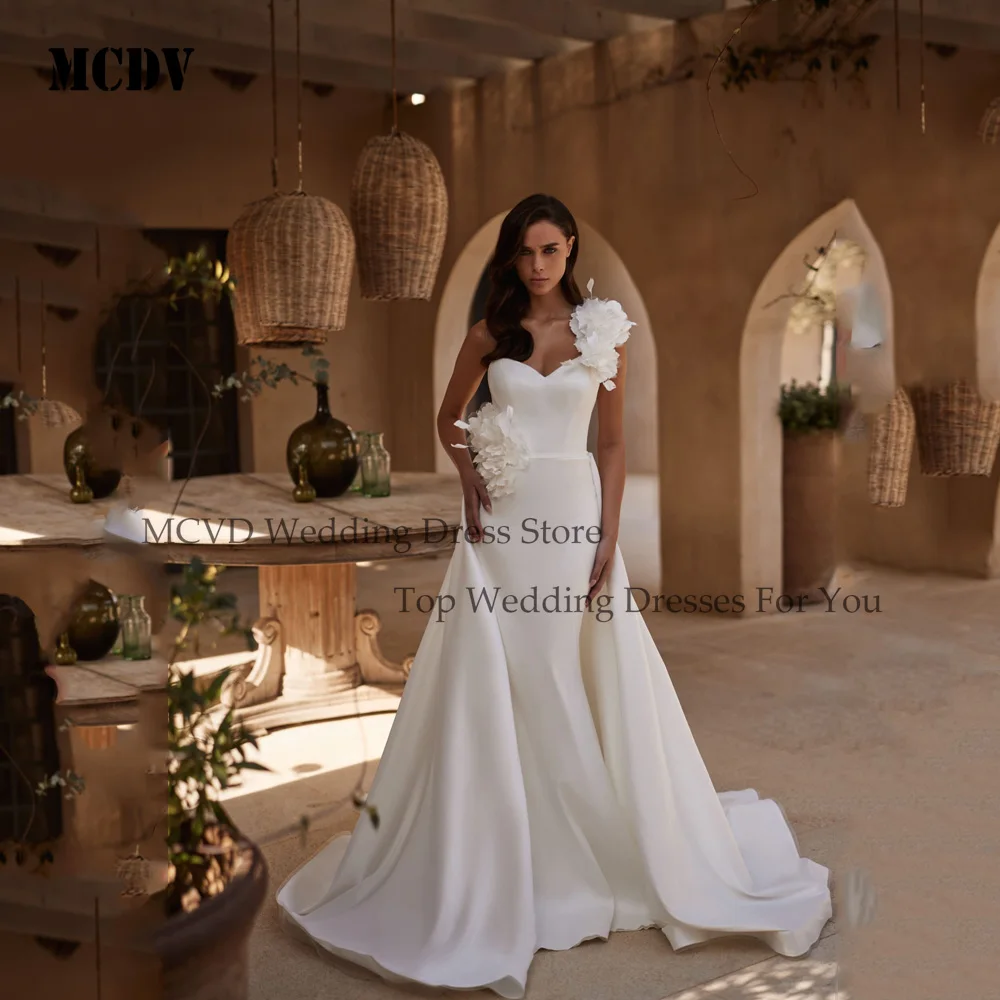 

MCDV 3D Flowers Satin Wedding Dresses Mermaid One Shoulder Bride Gowns Sweep Train Sweetheart vestidos de novia Customized