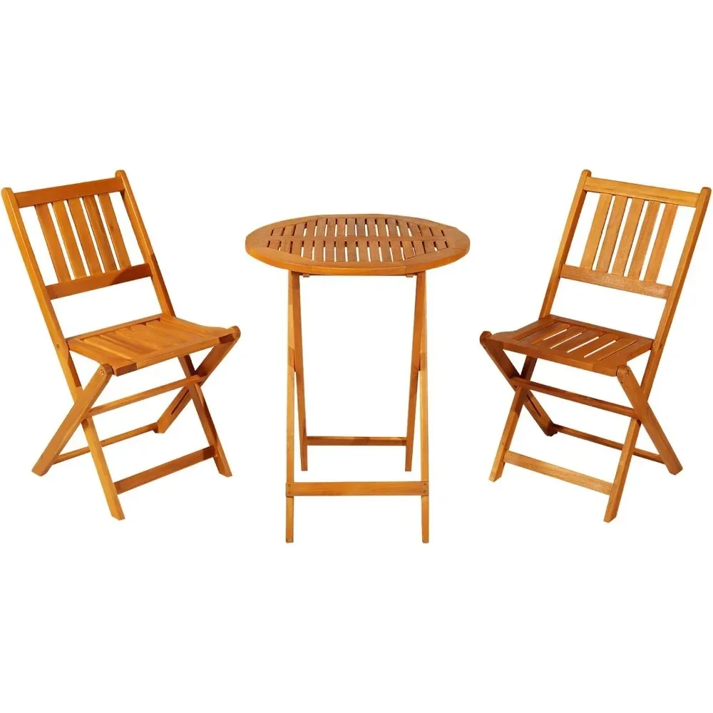 

3-Piece Acacia Wood Bistro Set, Folding Patio Furniture with 2 Folding Chairs and Round Coffee Table, Teak