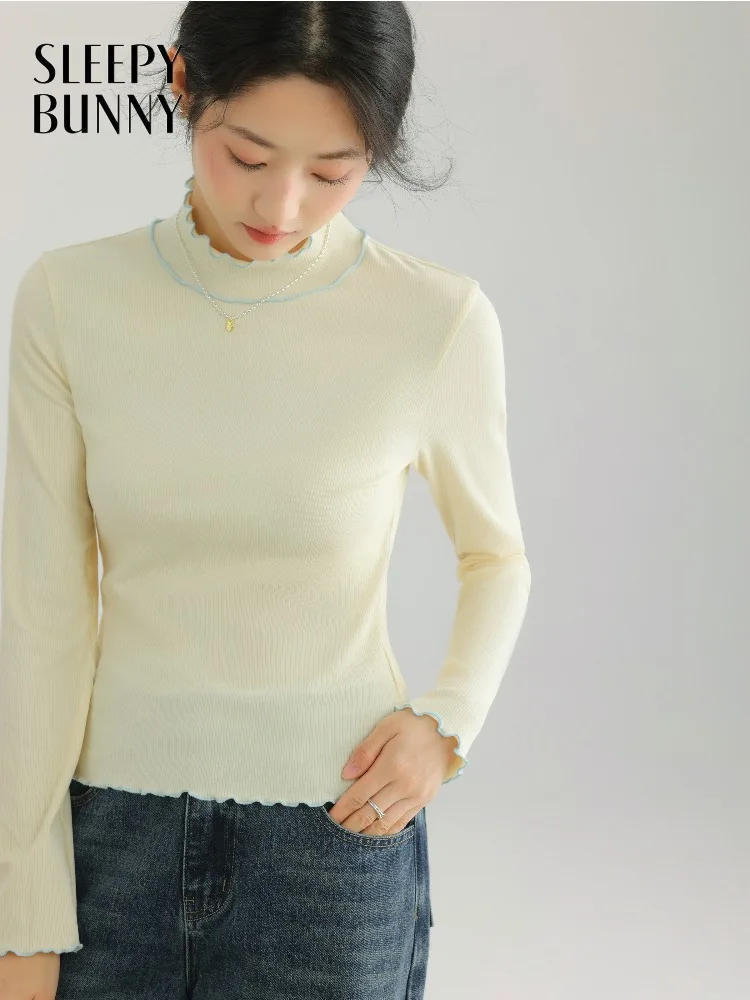 

Sweet Long Sleeve T Shirt Slim Fit Knit Top Women Elegant Ruffle Mock Neck Pullover with Soft Stretch Fabric for Autumn Layering