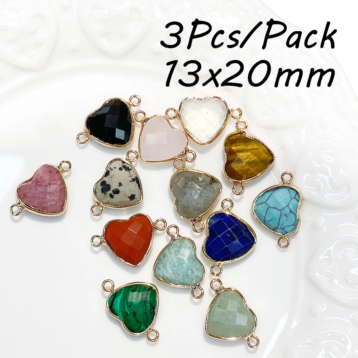 3Pcs Connectors Faceted Natural Stone Golden-Edge Heart Connector For Jewelry Making DIY Necklace Bracelet Earrings Accessory