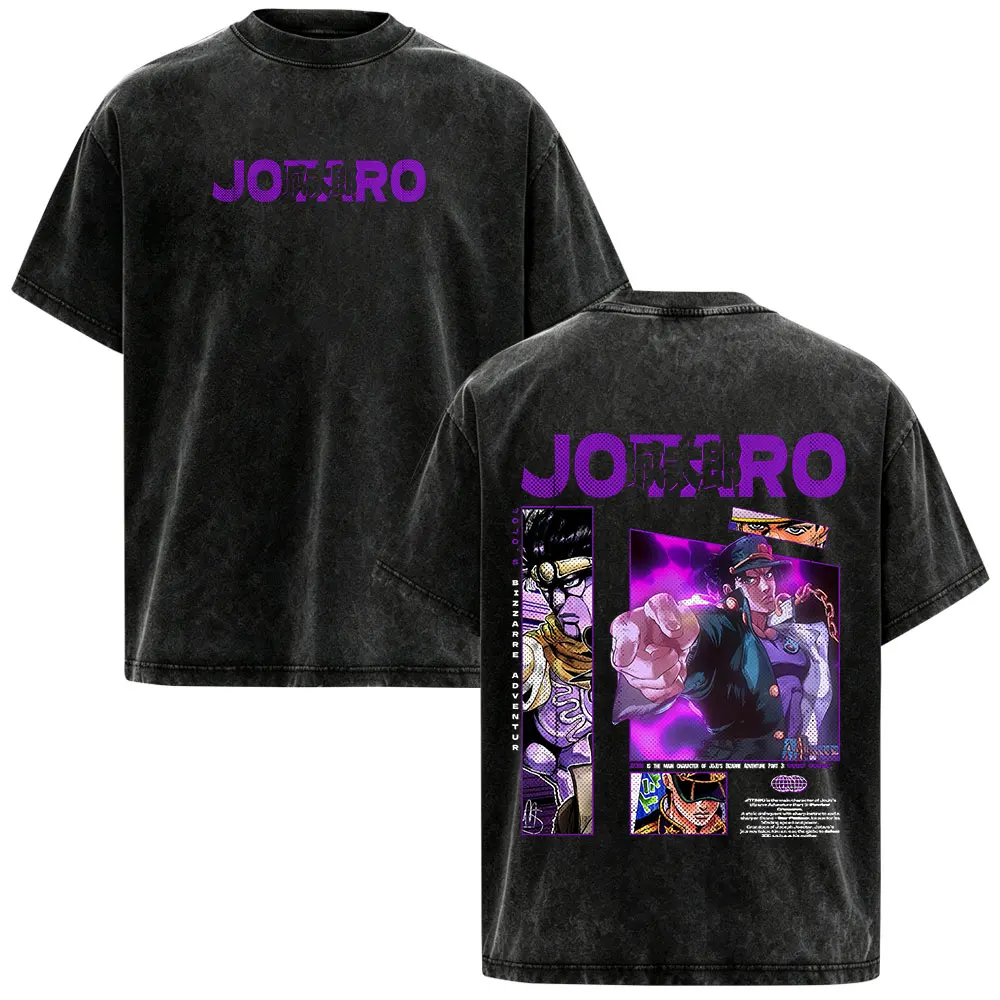 Anime JoJo Bizarre Adventure Kujo Jotaro Vintage Washed T-shirt Men Women Clothing Fashion Harajuku Short Sleeves T Shirts Tops