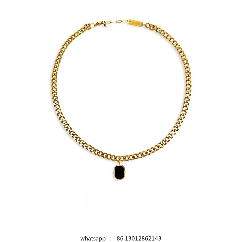 

Gold black square inlaid pendant men's simple high-end titanium steel necklace versatile