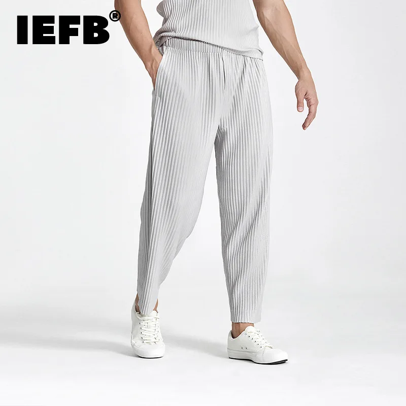 IEFB Japanese Streetwear Fashion Pleated Men's Casual Pants New Loose fitHigh Elastic Straight Pants For Summer 2023