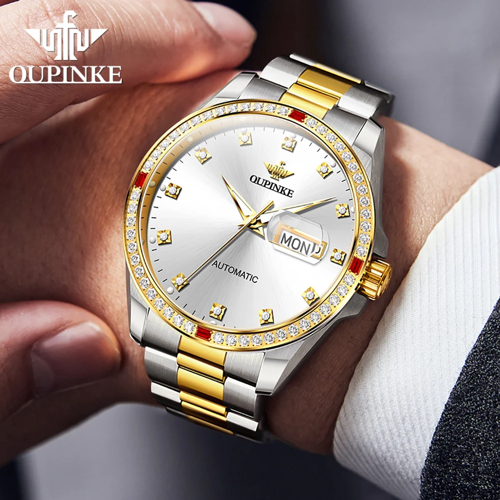 OUPINKE 3261 Luxury Original Man Wrist Watches Diamond Dial Automatic Mechanical Watch For Men Dual Calendar Business Hand Clock