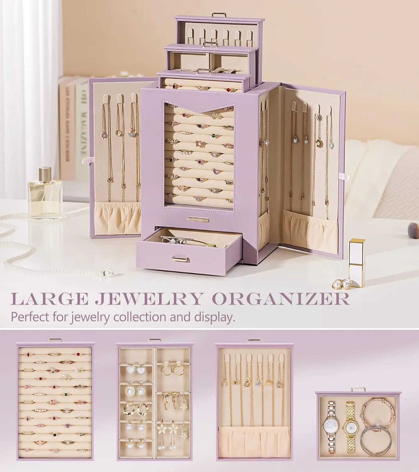 Transparent Window Jewelry Organizer with Hooks for Necklaces Rings Earrings Bracelets Display Case Grey Purple