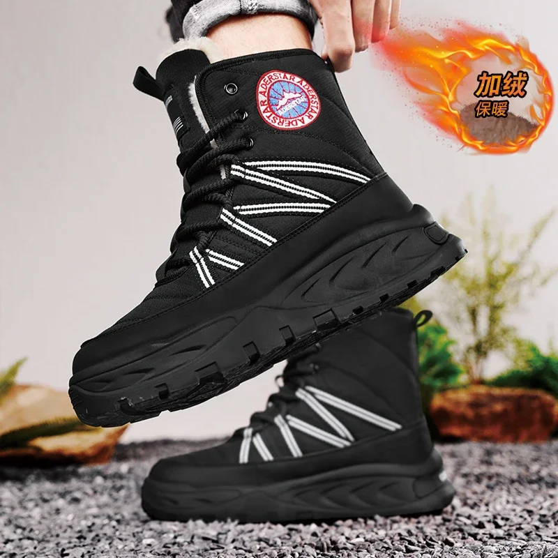 2024 neue High Top Winter herren Stiefel Warme Plüsch Schnee Stiefel für Männer Pelz Warme Motorrad Schuhe Outdoor Anti-slip Herren Wandern Stiefel