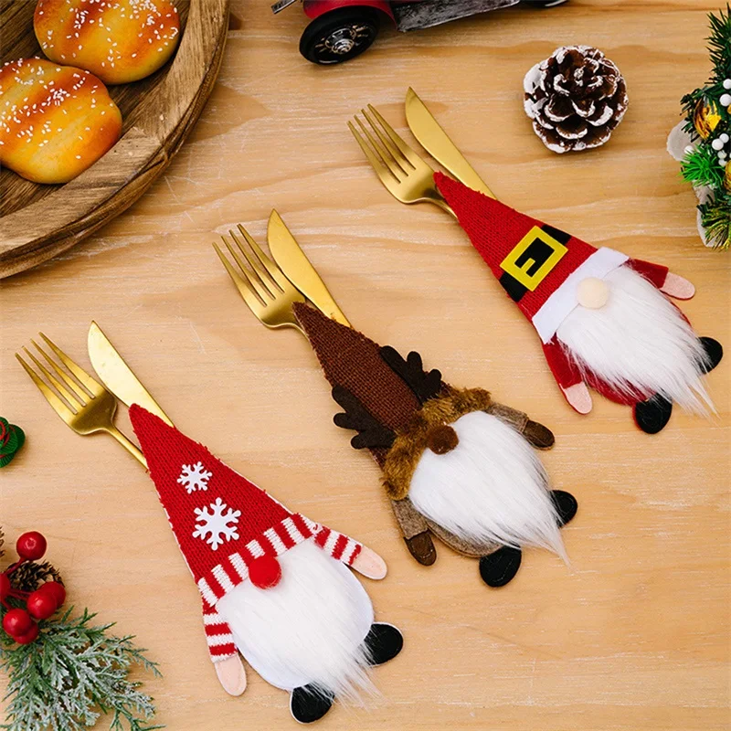 Christmas Silverware Holders Knitted Gnome Pouches Tableware Knife and Fork Bags for Home