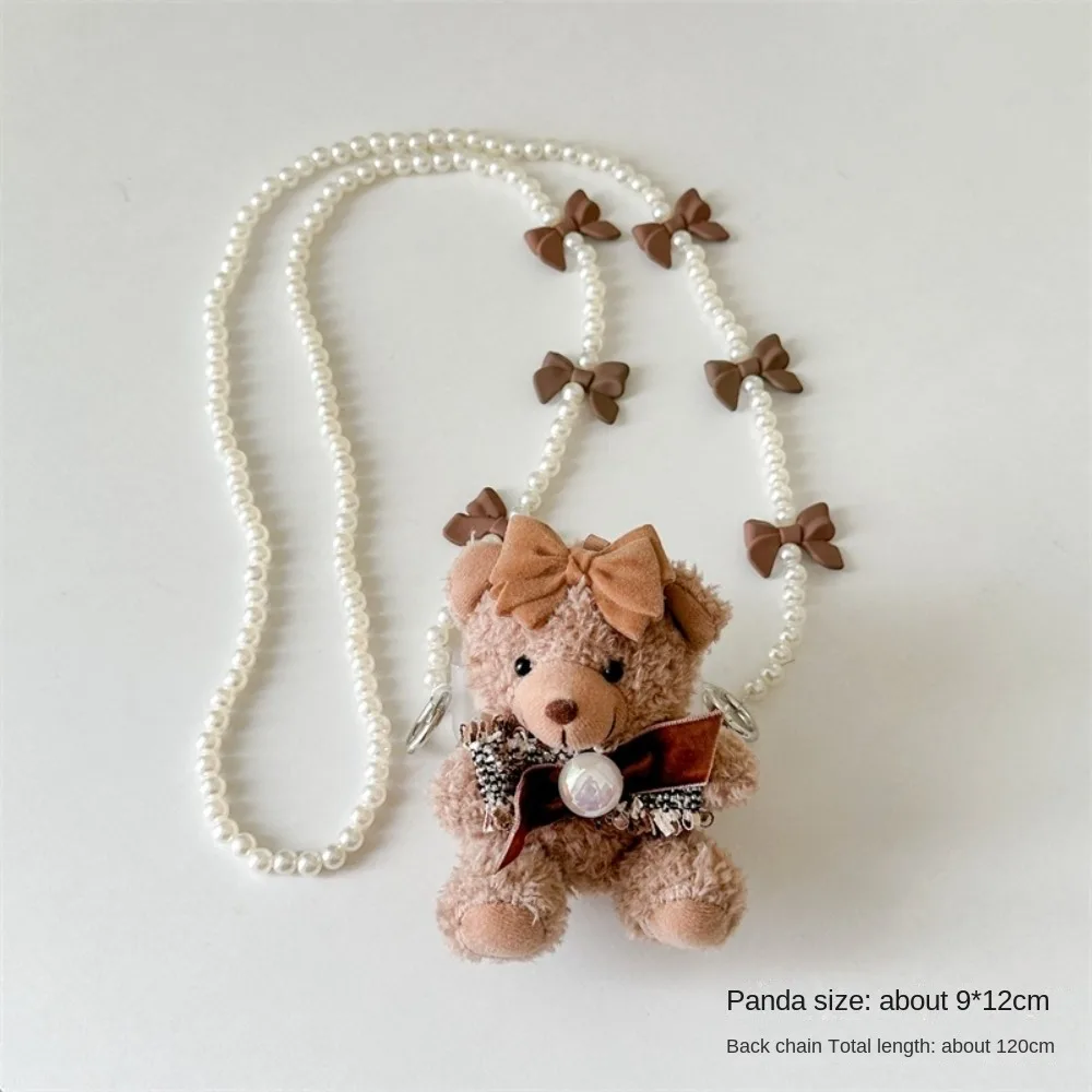 Brown Plush Bear Keychain Plush Doll Sweet Bow Bear Phone Back Clip Soft Kawaii Fluff Stuffed Animal Key Rings Backpacks