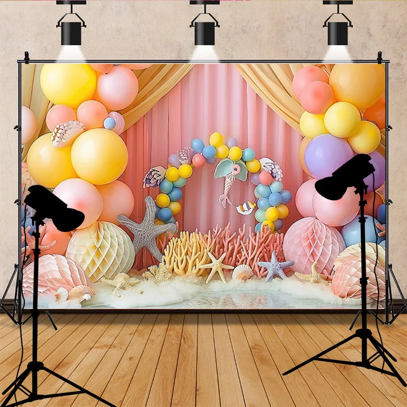 Escena de playa de sirena y estrellas de mar, Fondo de fotografía, decoración de feliz cumpleaños, globos, corona, fiesta, estudio fotográfico, DF-02