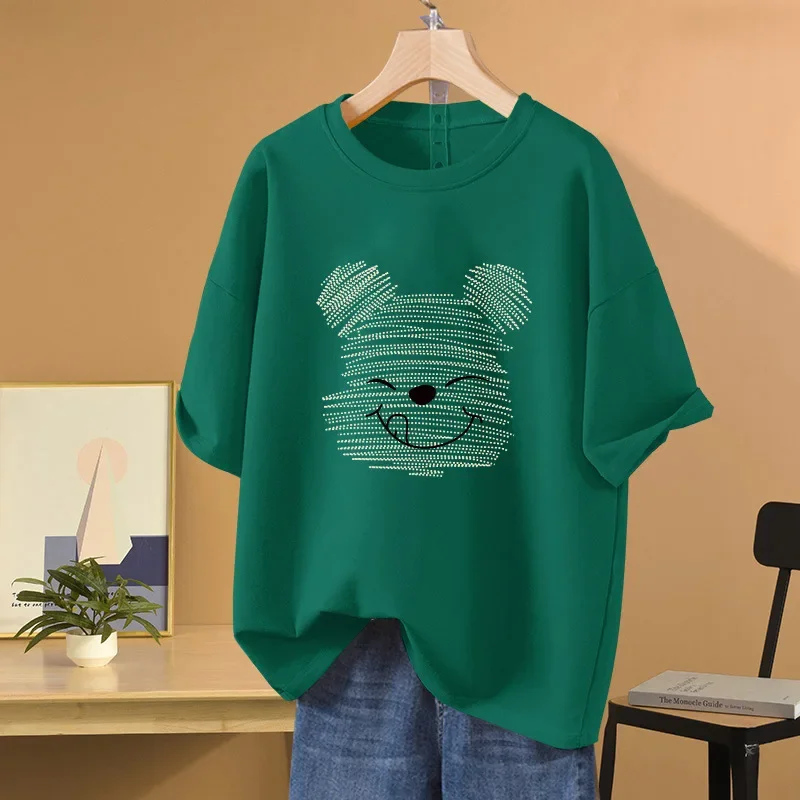 Oversized Half Sleeve T-shirt Women's Summer Loose Fit American Style Vintage Cartoon Bear Design Sensibility