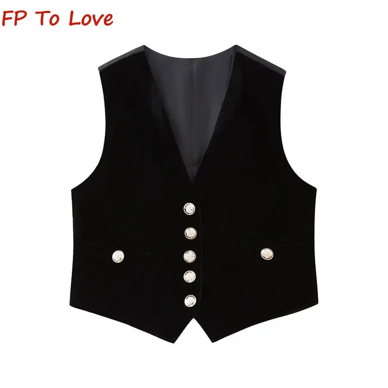 Black Velvet Patchwork Vest PB&ZA Women's V Neck Single Breasted Waist Cinching Waist Vest Street Style Top 9234071