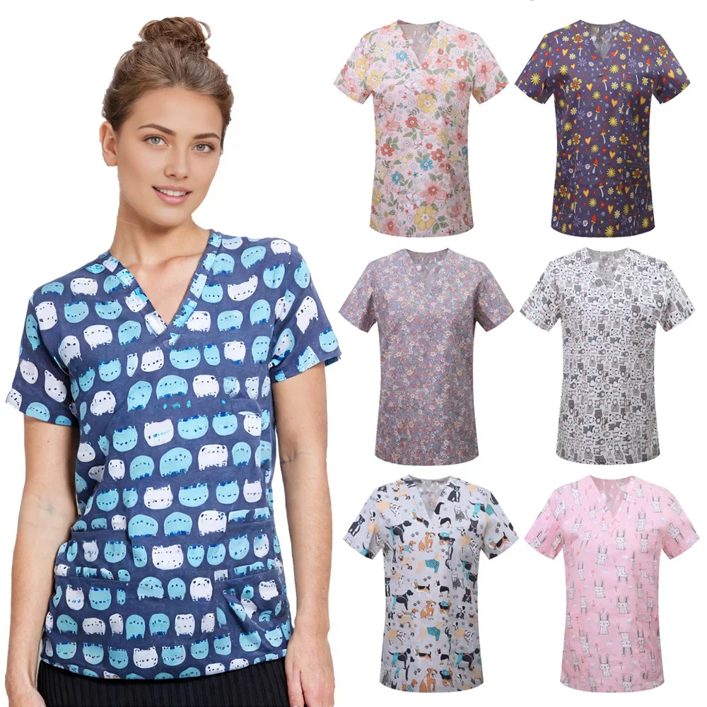 

Cartoon print shirt top, operating room medical short-sleeved nurse uniform, hospital doctor's uniform, dental surgery nursing