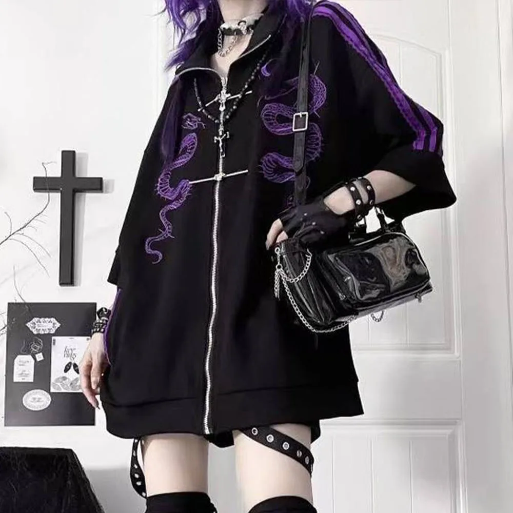 2000S Harajuku Streetwear Hoodies Coat Women Print Zipper Short Sleeve Sweatshirts Casual Fashion Oversized Hoodie Punk Tops New