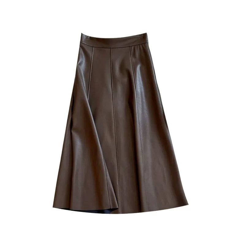 2025 Autunno Inverno Donna Elegante PU Pelle Gonna nera Pianura Ufficio Donna Slim Gonne a vita alta Temperamento Gonna di media lunghezza