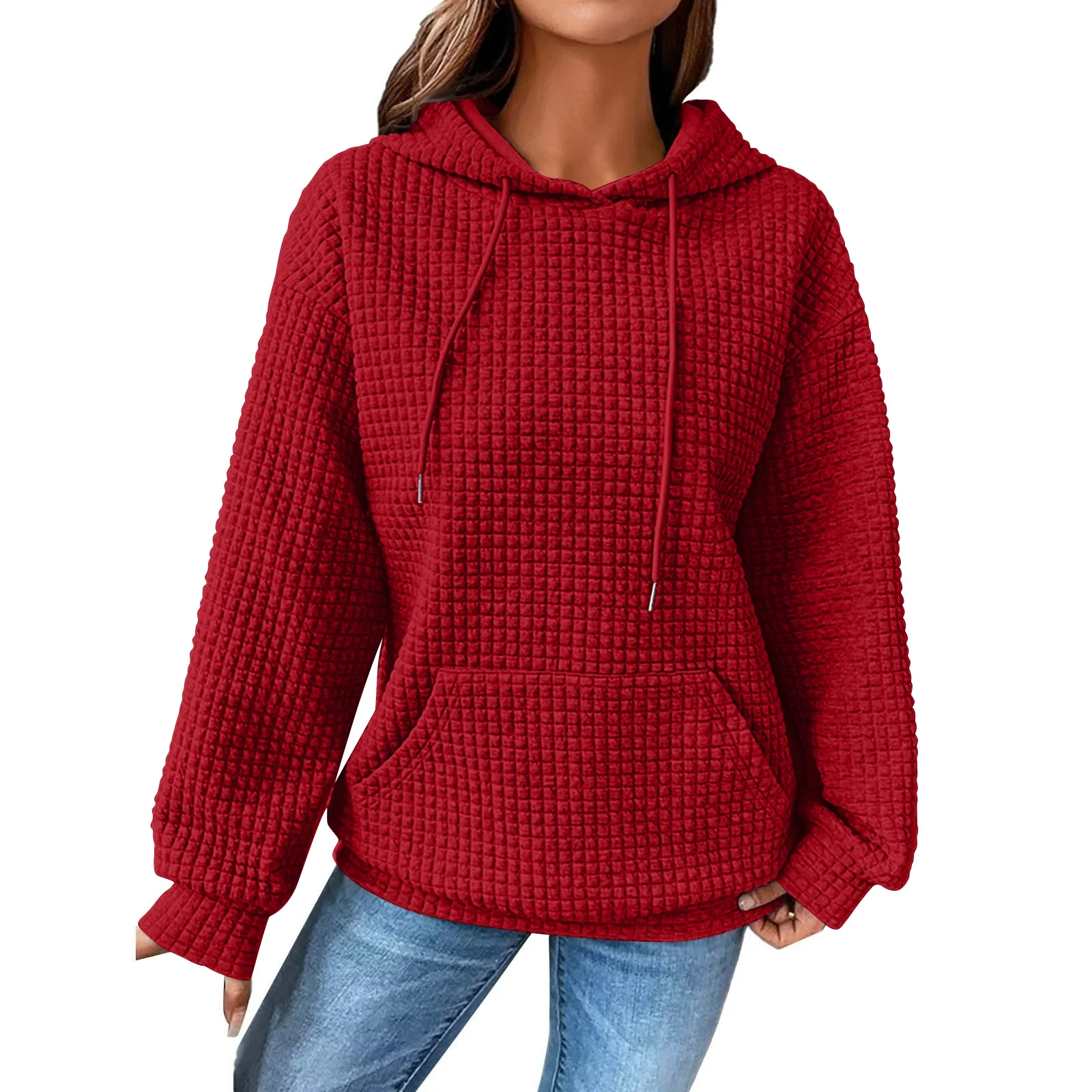 Women'S Fashion Loose Hooded Pullover Long Sleeve Patchwork Plaid Sweat Drawstring Shoulder Strap Pocket Top Sudaderas De Mujer