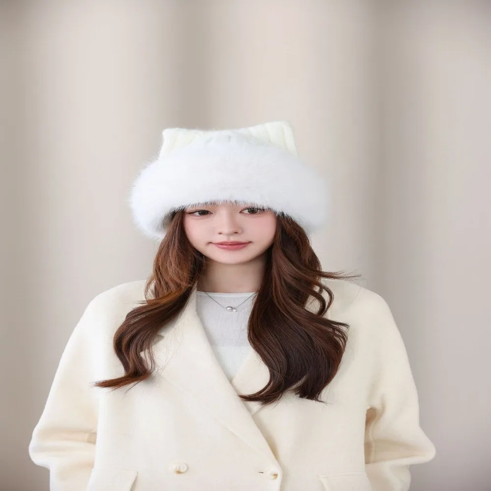 Polyester Fuzzy Knitted Bucket Hat Faux Fur Brim Earflap Cat Ear Bucket Beanie 56cm To 60cm Head Circumference Warm Bucket Hat