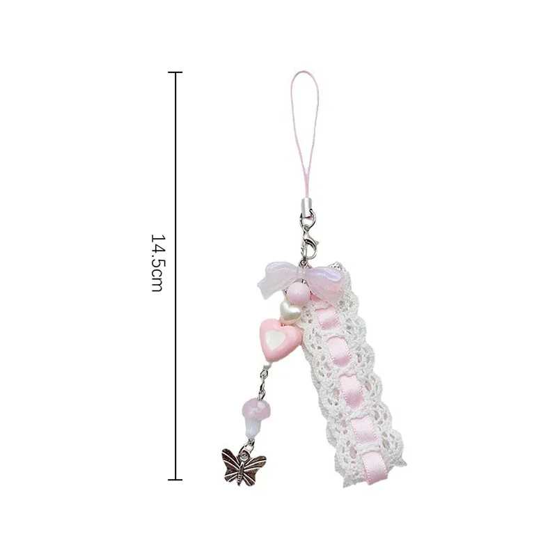 Sweet Lace Ribbon Keychain Cute Bow Heart Pendant Keyring Phone Charm Lanyard Bag Earphone Case Pendant Decoration Accessories
