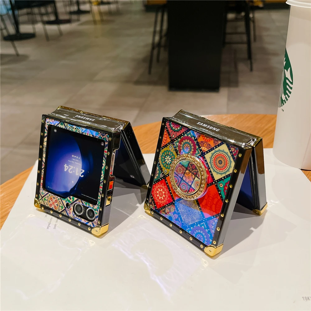 サムスンギャラクシーZフリップ5,3,6,4用の豪華で耐衝撃性の電話カバー,幾何学的なパターン,市松模様のケース
