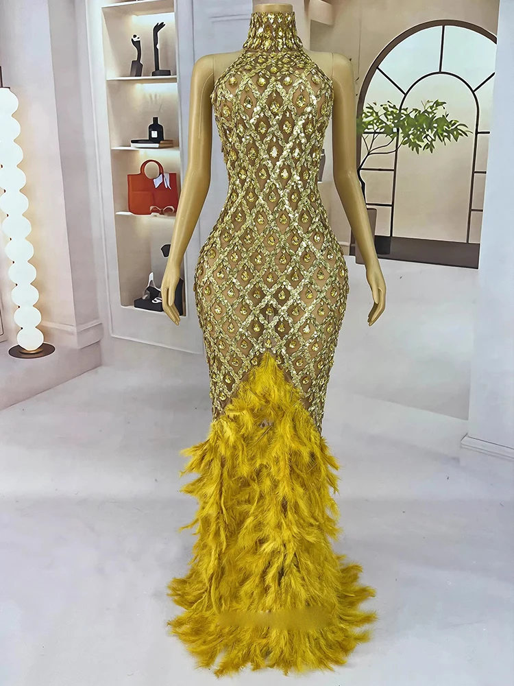 Wysokiej jakości sukienka z elastycznego materiału z piórami i dżetami, seksowna, z odkrytymi plecami, nowa moda 2025, odzież damska na zamówienie.