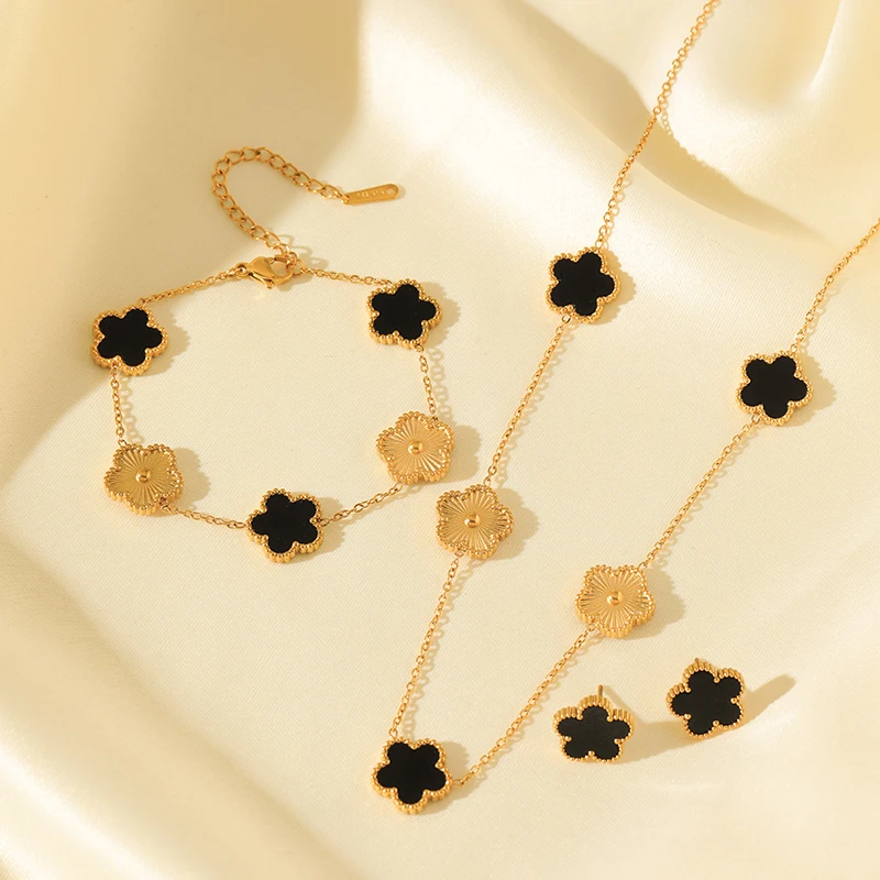 EILIECK 316L Stainless Steel Black Reversible Leaf Clover Necklace Bracelets Earrings Set For Women Fashion Waterproof Jewelry