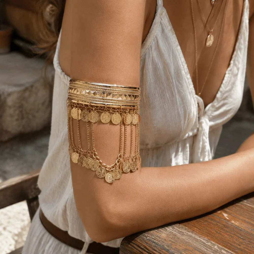 Creative Trendy Tassel Arm Chain Adjustable Coin Leaf Golden Metal Cuff Bangle Punk Gothic Boho Open Armlet Upper Arm