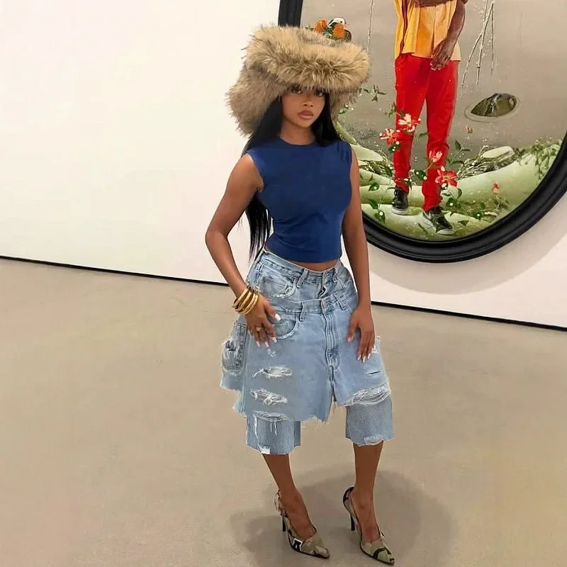 

Женские повседневные джинсовые брюки-юбка GUWU с эффектом потертости, имитация двух частей, джинсы-капри для женщин