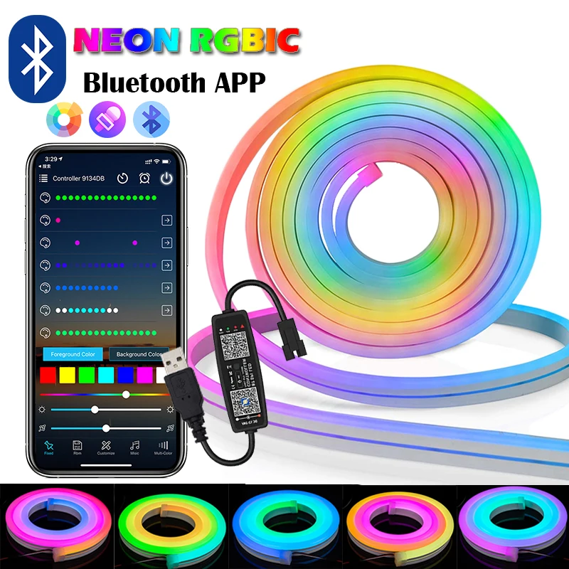 Neon LED Light Strip Bluetooth Neon Strip Light Silicone Rope Lights Flexible Silicone Set Tape for Indoors Outdoors Decoration